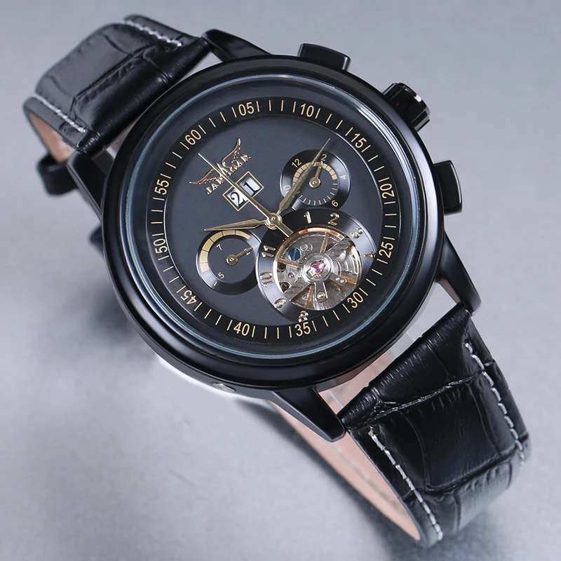 JARAGAR Skeleton Tourbillon Mechanical Watch Men Automatic Classic Rose Gold Leather Wrist Watches Reloj Hombre 2018 | Наручные часы