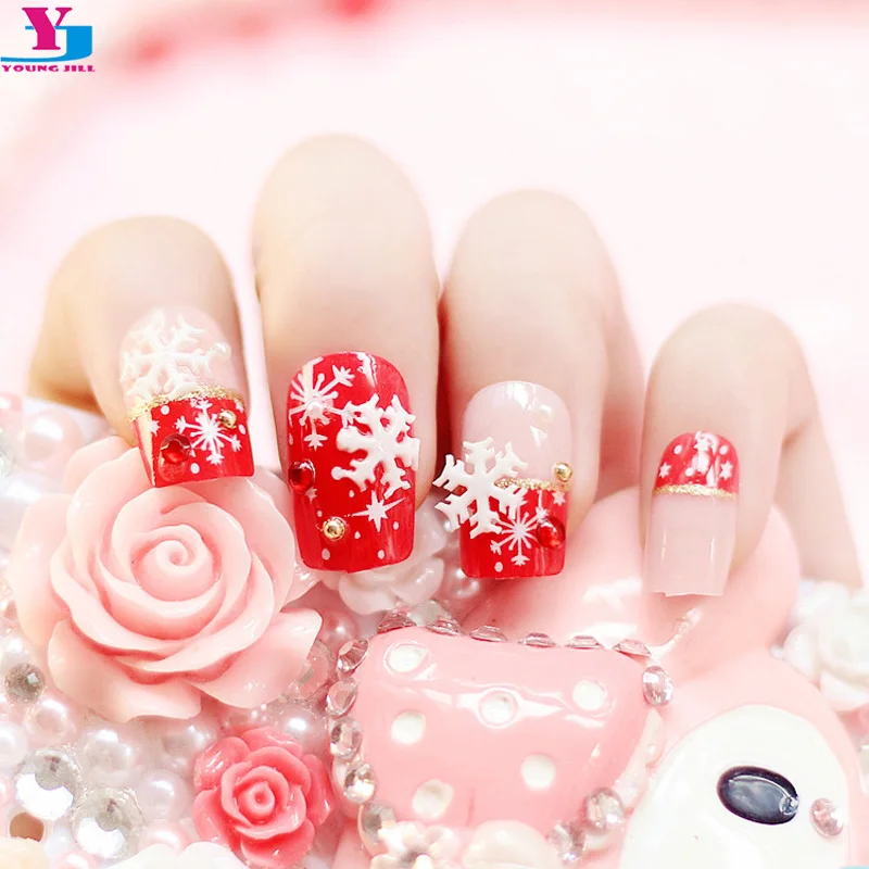 

Beauty 24PCS Fake Nails With Christmas Snow Designs 3D Strass Unha Acrylic UV Gel Nail Tips Faux Ongles French Manucure Make Up