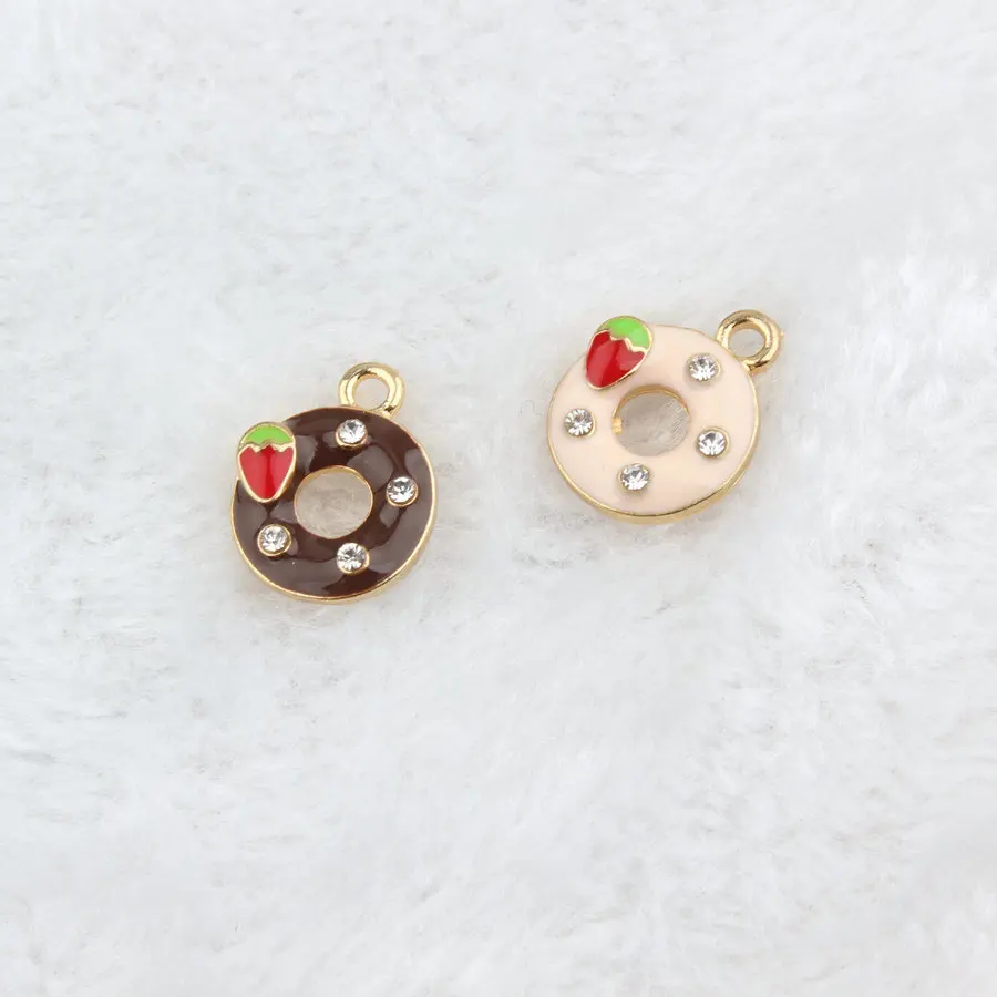 

Mini 10pcs Crystal Rhinestone Kawaii Donut Enamel Charms Alloy Food Strawberry Charms Gold Tone Oil Drop Metal Charms
