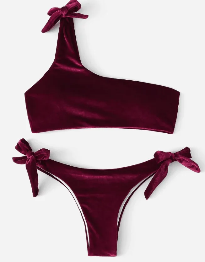 wine red 4 Женская одежда для плавания, бархатное бикини, сексуальный купальник, на одно плечо, купальный костюм, купальник для женщин, бандаж, женская одежда для плавания - Цвет: wine red 4