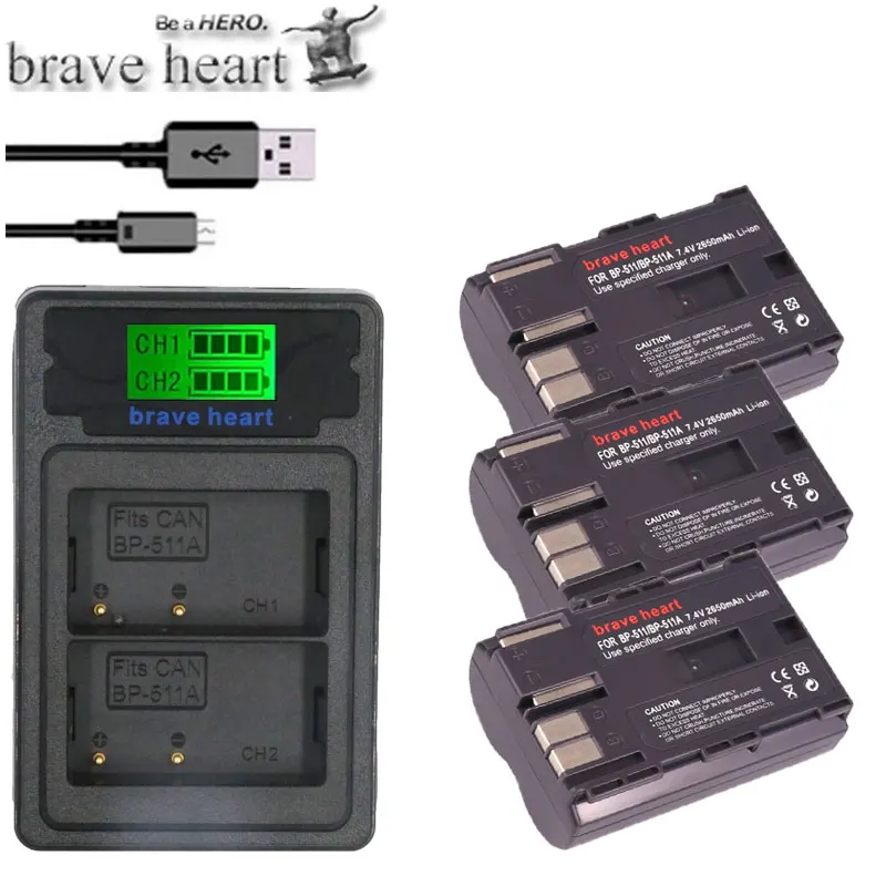 charger and 3battery Акумуляторная батарея BP-511A BP-511 BP 511 511A BP511A Батарея+ ЖК-дисплей Dual USB Зарядное устройство для Canon G6 G5 G3 G2 G1 EOS 300D 50D 40D 30D 20D 5D - Цвет: charger and 3battery