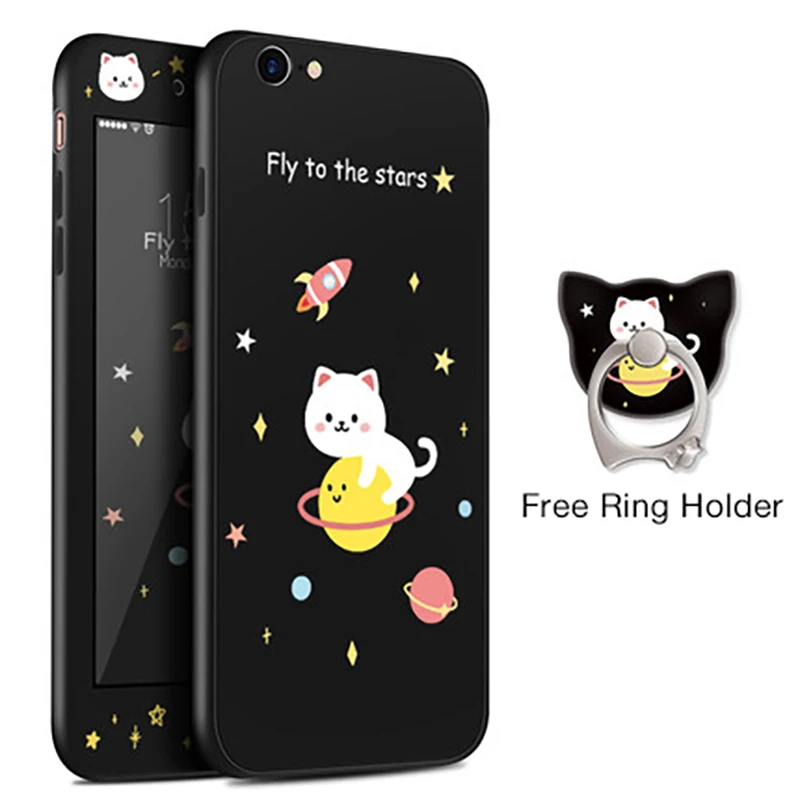 Cat Милый силиконовый чехол для iPhone 8, чехол на 360 градусов, полное покрытие, бамперы для iPhone 7, 8 Plus, X, противоударный чехол с закаленным стеклом - Color: Cat