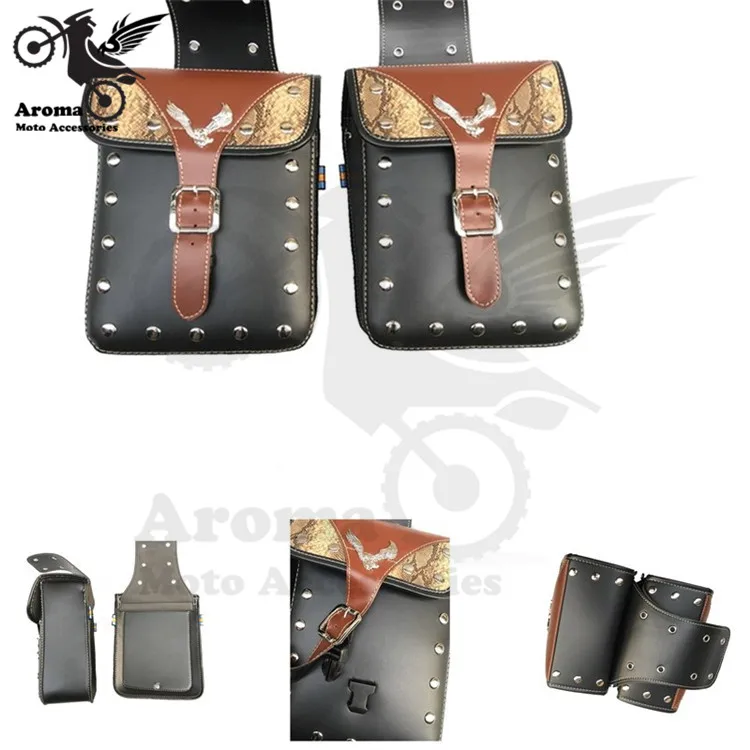 

retro cafe brown black unviersal part motorbike luggage pouch leather rivet moto tail bag for harley eagle motorcycle saddlebag