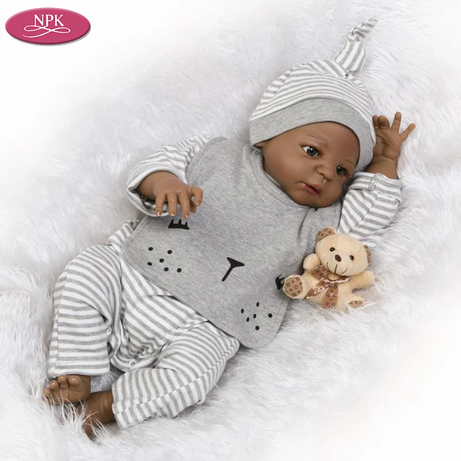 NPK 57 см Силиконовая черная кукла для новорожденного мальчика + мягкая игрушка
