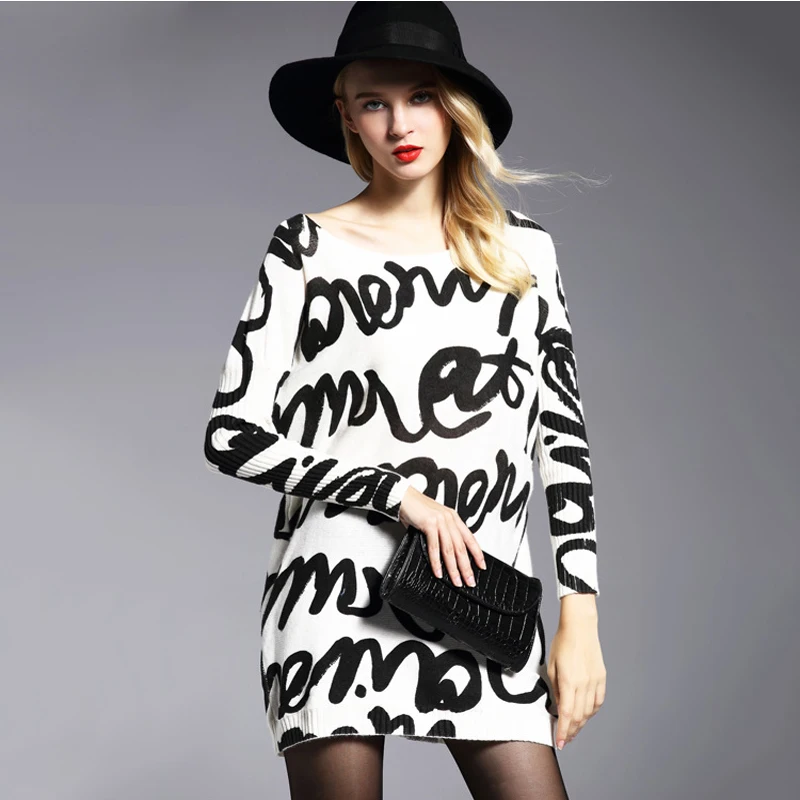 Негабаритных женщин Свитера пуловеры с рукавами летучая мышь принт Slash шеи