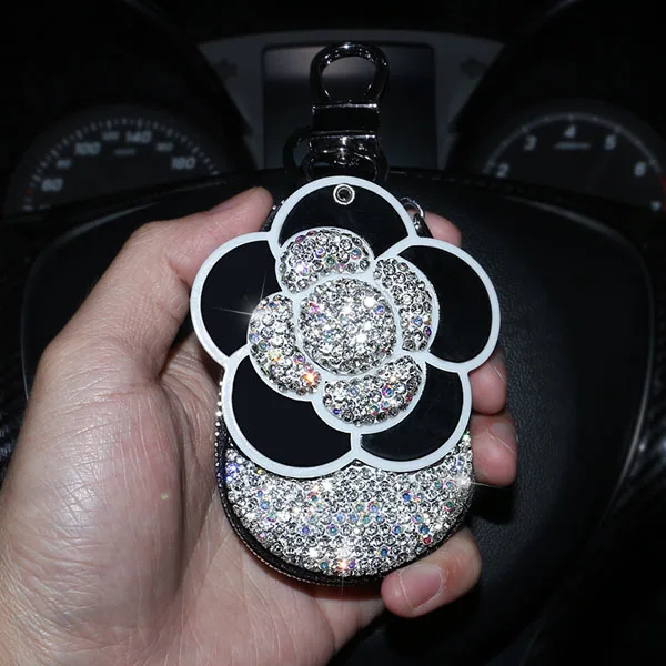 black key case Зеркальный чехол для ключей с кристаллами камелии и стразами, кошельки для автомобильных ключей, кожаный универсальный чехол для ключей, держатель водительских прав для женщин и девушек - Название цвета: black key case