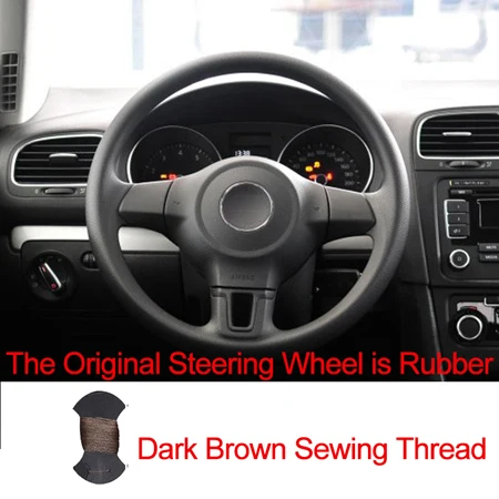 Rubber Brown Hand Sewing Car Steering Wheel Cover Top Cow Leather Funda Volante For Volkswagen Golf 6 Mk6 VW Polo MK5 2010 2011 2012 2013 - Название цвета: Rubber Brown