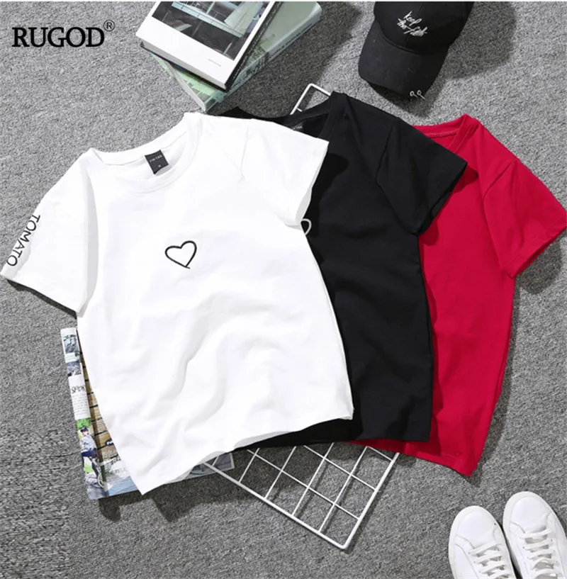 RUGOD корейская модная женская летняя футболка с круглым вырезом и геометрической вышивкой в виде сердца простая повседневная женская футболка в консервативном стиле