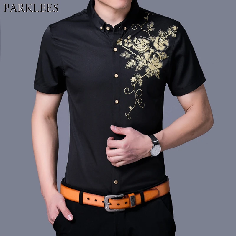 

Gold Rose Print Button Down Black Shirt Men 2019 Brand Slim Fit Short Sleeve Mens Dress Shirts Causal Party Social Shirt Male