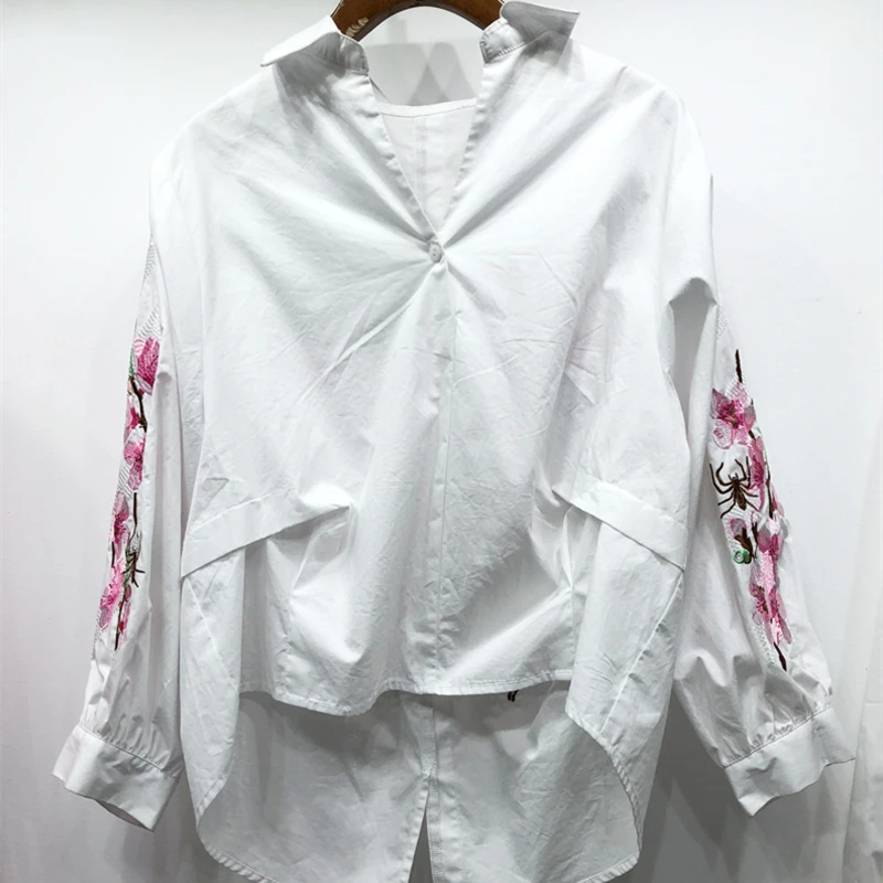 Spring Autumn Tops Woman Irregular Flower Embroidery Shirt New Loose Casual Blouse V-Neck lantern Sleeve blouses Female HF76 | Женская