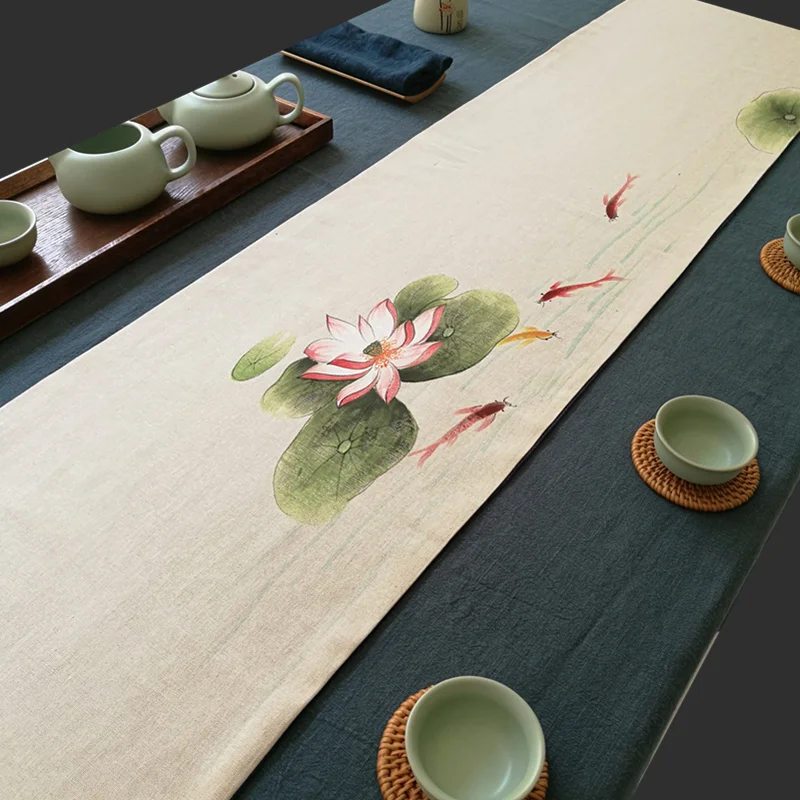 Двухслойный чайный столик из льна с ручной росписью Zen хлопковый коврик флагом