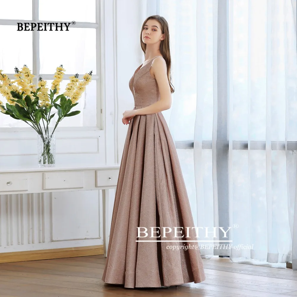 BEPEITHY Новое ТРАПЕЦИЕВИДНОЕ блестящее Золотое вечернее платье длинное Robe De Soiree Светоотражающие Сексуальные вечерние платья на выпускной с открытой спиной Abendkleider
