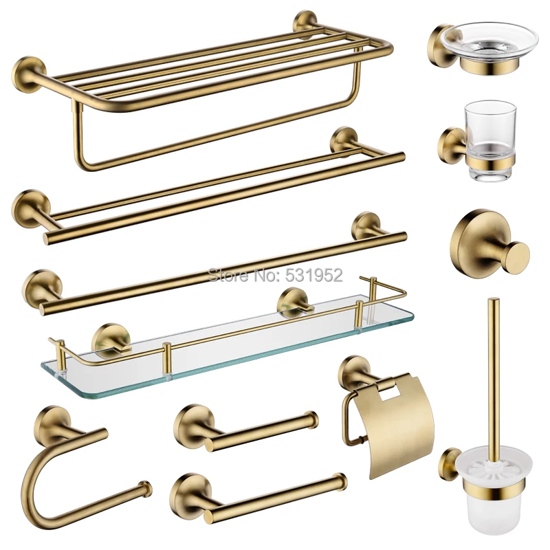 

Gold Brushed Bathroom Accessories Hardware Toilet Brush Holder Paper Roll Holder Towel Rack Hook Soap Dish Towel Ring New Arrive