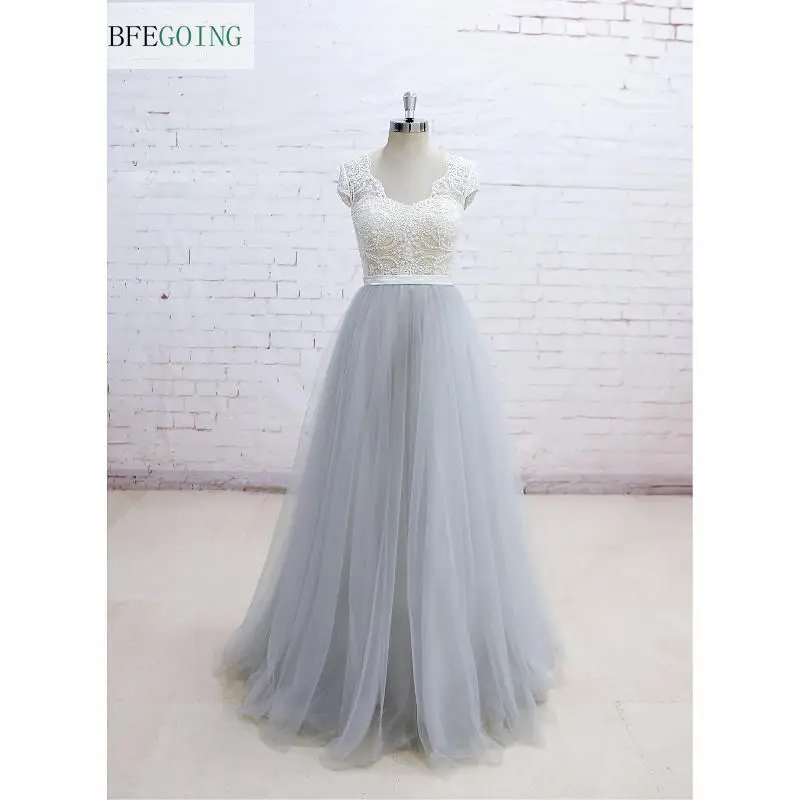 V образный вырез Тюль ТРАПЕЦИЕВИДНОЕ свадебное платье в пол Длина Кепки рукава