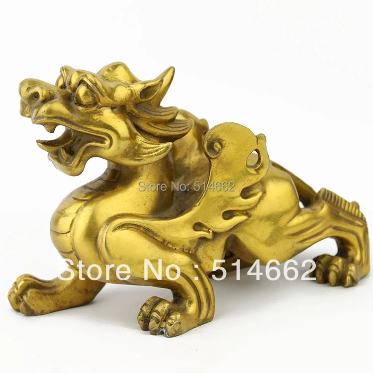 

BRASS FENGSHUI PAIR WANG CAI PI XIE STATUES / BRASS PI YAO STATUES