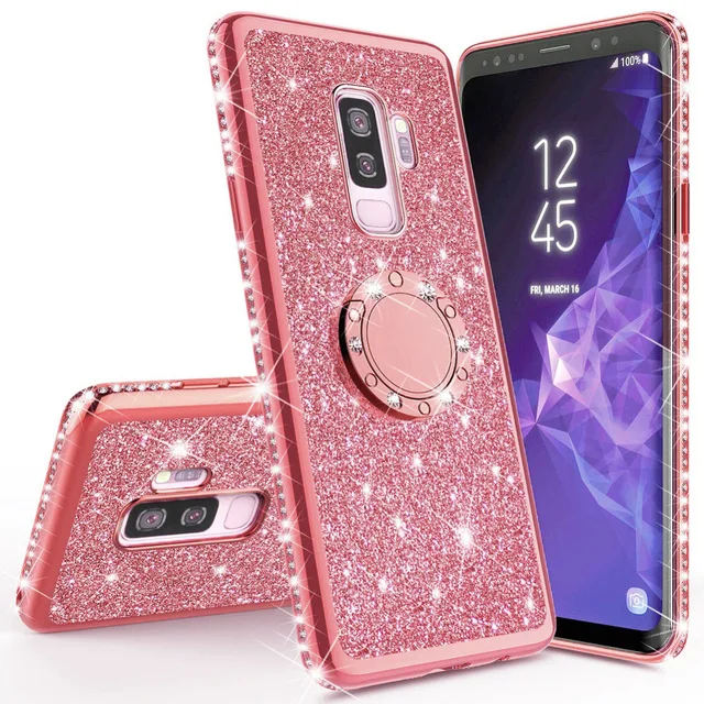 Rose Gold Сияющий блеск Магнитный чехол для samsung Galaxy S10 S10e S8 S9 плюс A5 A7 A6 A8 Note 8 9 Bling 360 кольцо задняя крышка - Цвет: Rose Gold