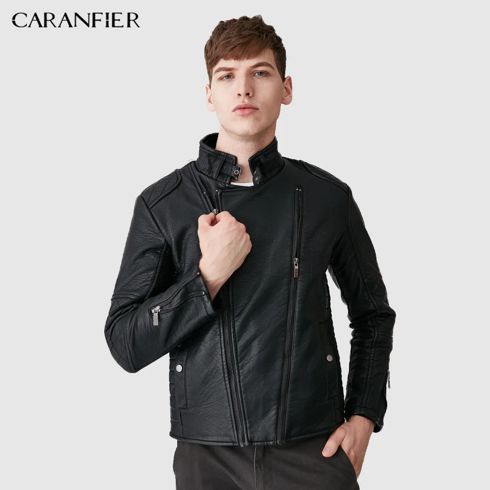 CARANFIER Мужская осенняя куртка из искусственной кожи приталенная мотоциклетная на