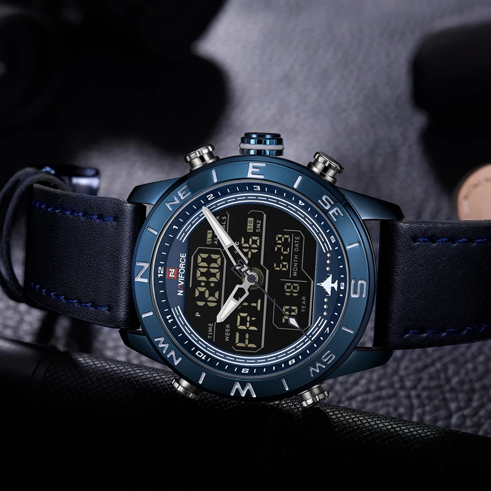 Бренд NAVIFORCE модные синие мужские спортивные часы светодиодный, аналоговый, цифровой часы в стиле милитари кожаные кварцевые часы Relogio Masculino