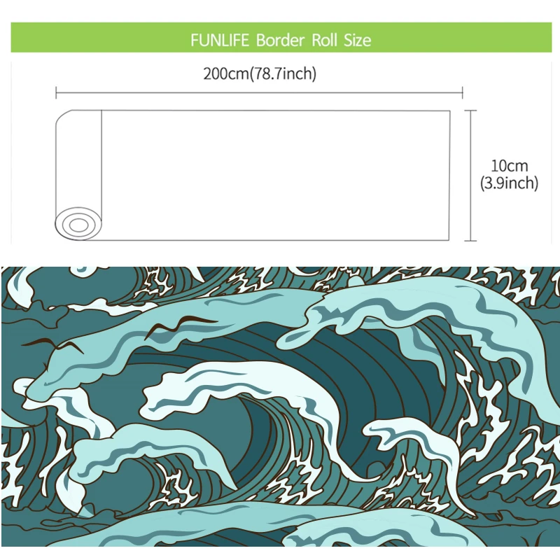 Funlife Waterproof Wall Border Stickers,Japanese Style Retro Ukiyoe Tile Sticker,Bathroom Kitchen Decorative Wallpaper Borders