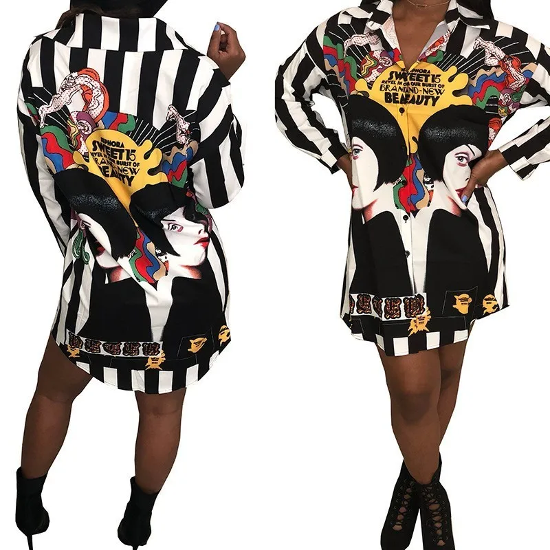 Женское прямое платье-рубашка длинное платье в полоску с принтом стиле хип-хоп