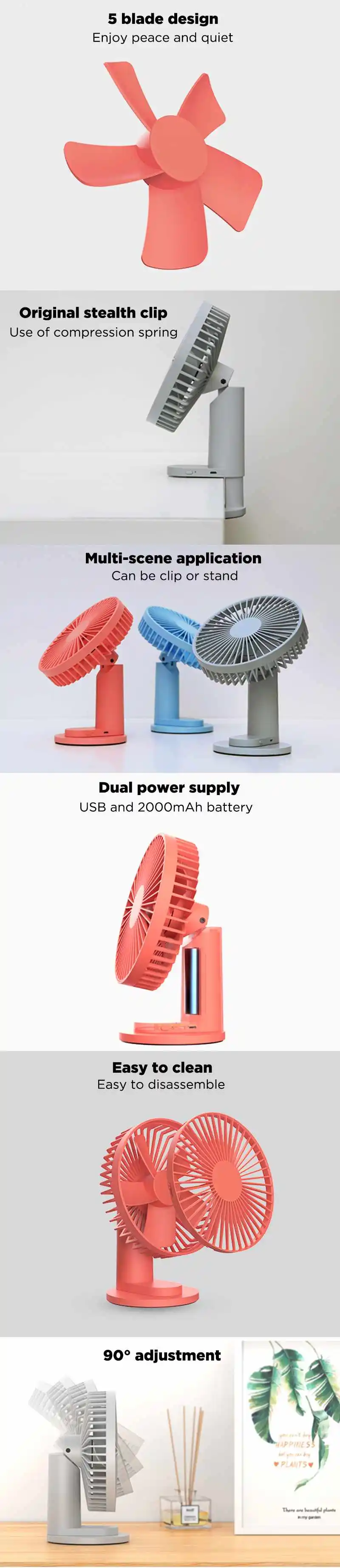 YOUPIN VH 4,5 W 2 в 1 настольный usb-вентилятор с зажимом, вращающийся на 90 °, 3 режима, охлаждающий вентилятор скорости ветра для дома офиса улицы, путешествий