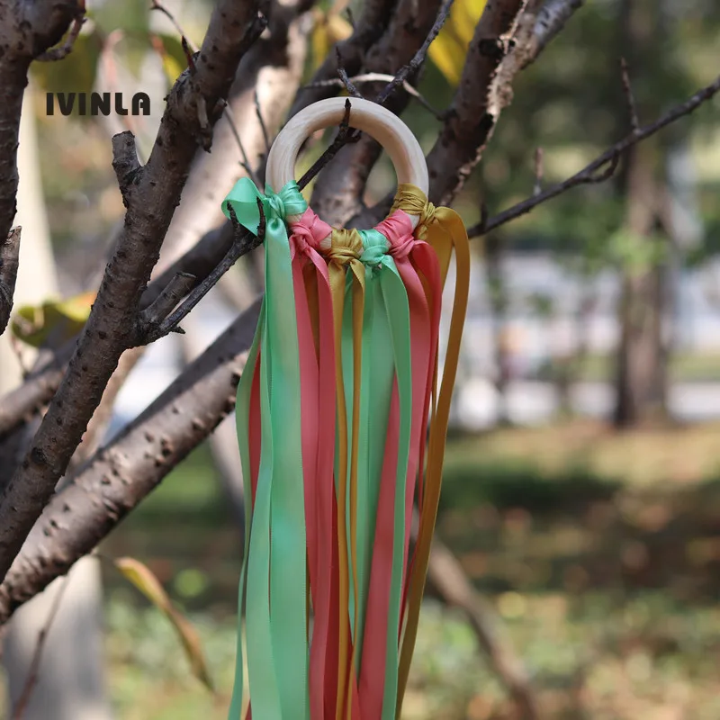 20 шт./лот Золотое и зеленое деревянное кольцо лента Вальдорф Hand Kite Toy Swirl Stremers FLY ME
