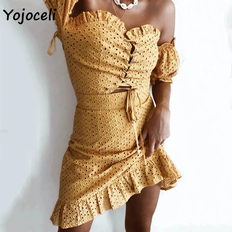 Yojoceli сексуальное кружево с хлопковой вышивкой платье женское открытыми плечами