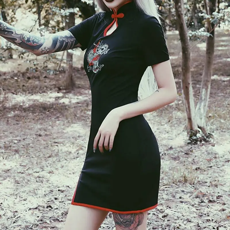 Женское платье-Чонсам Ruibbit черное винтажное мини-платье в стиле панк с вышивкой и