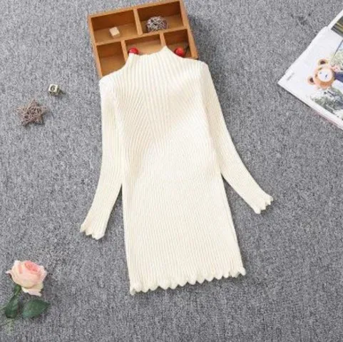 beige Новинка года; вязаное платье для девочек; однотонное детское платье-свитер с высоким воротником; сезон зима-осень; длинные облегающие платья для девочек; BC443 - Цвет: beige