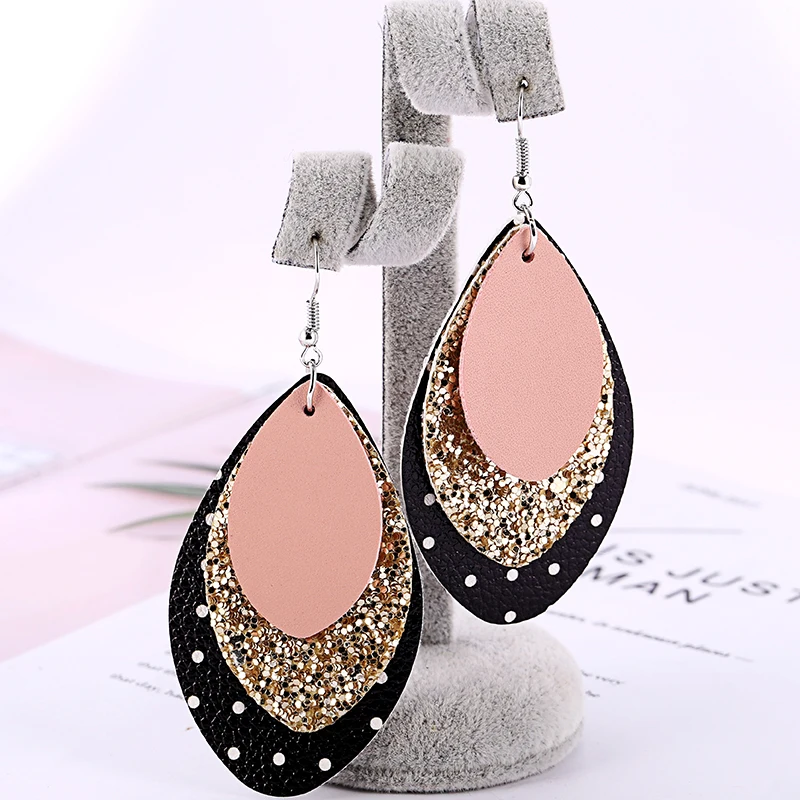 

Three Layers Faux Leather Glitter Stripe Print Teardrop Earrings Flag Leather Earrings Lightweight Leaf Drop Earrings Fashion