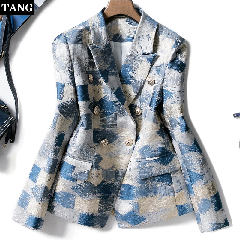 Tang Runway с принтом двубортный Элегантный женский Блейзер Куртки длинным рукавом
