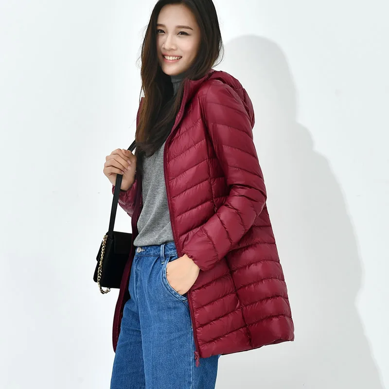 Модный зимний ультра легкий пуховик 90% утиный пух куртки с капюшоном длинное