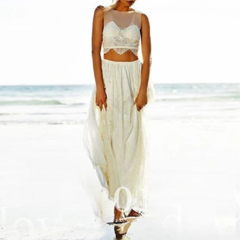 Сексуальное белое летнее пляжное свадебное платье 2 предмета 2018 кружевные ленты