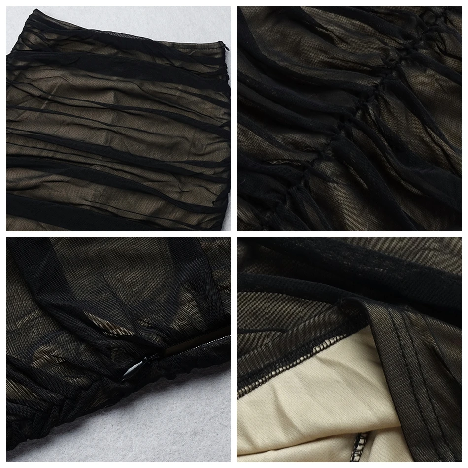 Высокая талия сетка Ruched длиной до колена Женская юбка черная сексуальная Wrinke