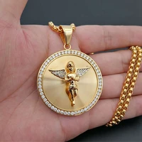 hip hop iced out angel wings pendant necklace for women men gold color stainless steel round necklace bling jewelry