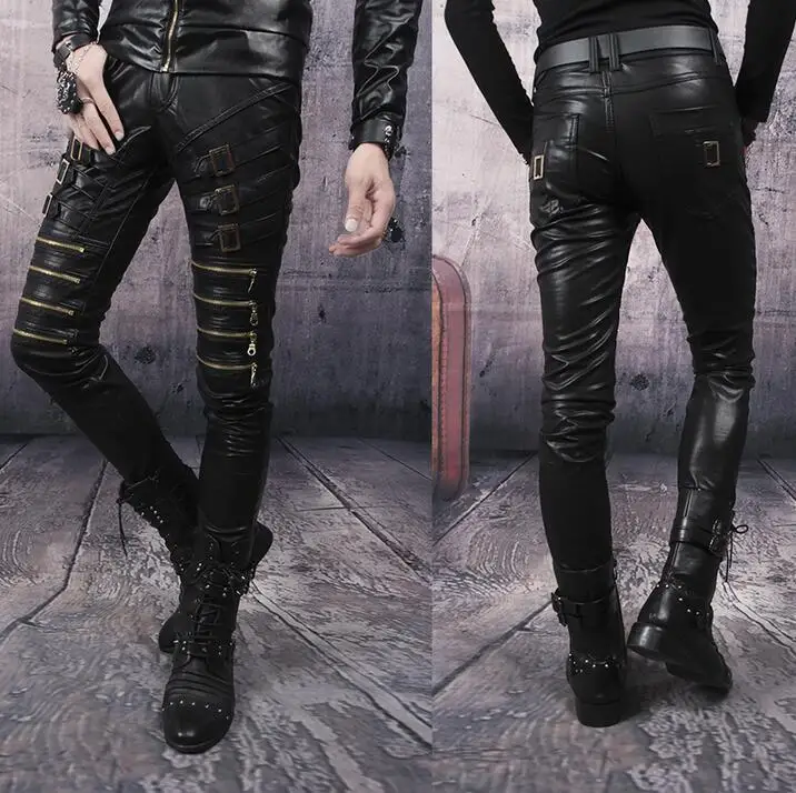Black red white personality fashion mens motorcycle leather pants punk slim pant feet trousers multi-zipper pantalon homme | Мужская