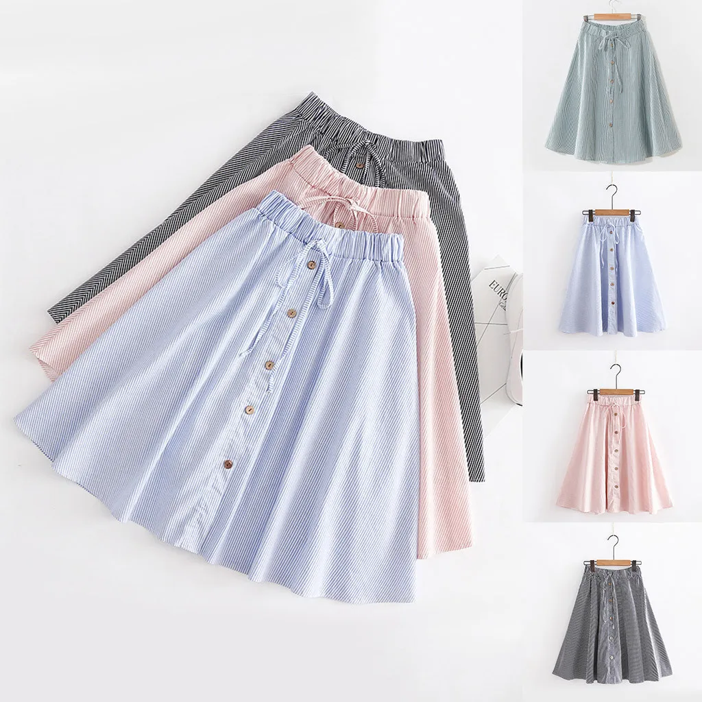 MAXIORILL новые юбки Ms. Small Fresh полосатые эластичные длинные юбки с высокой талией и пуговицами T44