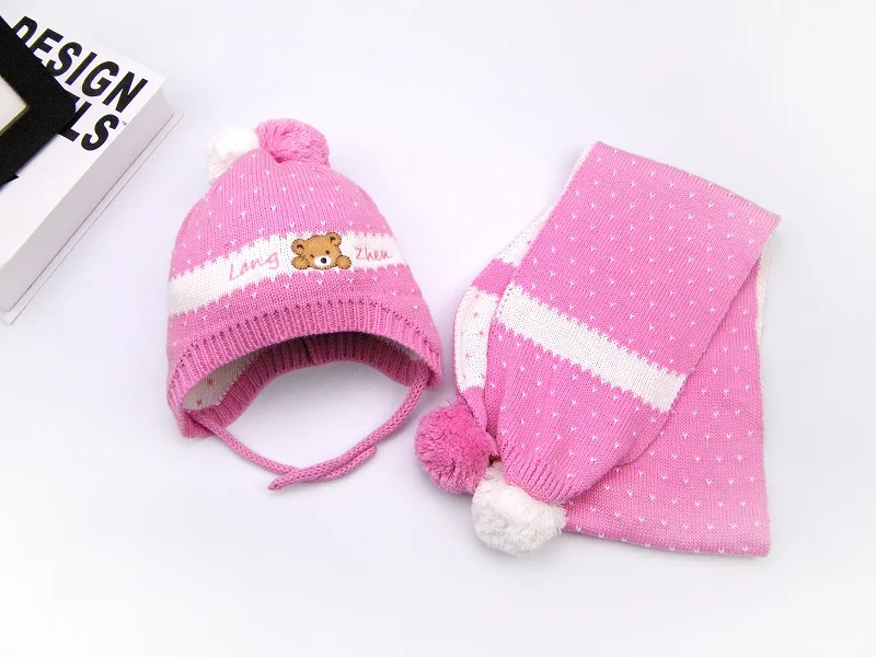 pink 2 шт./компл. для мальчиков и девочек набор шапки и шарфа милые Для детей детские зимние шапки для малышей Baby muts KF274 - Цвет: pink