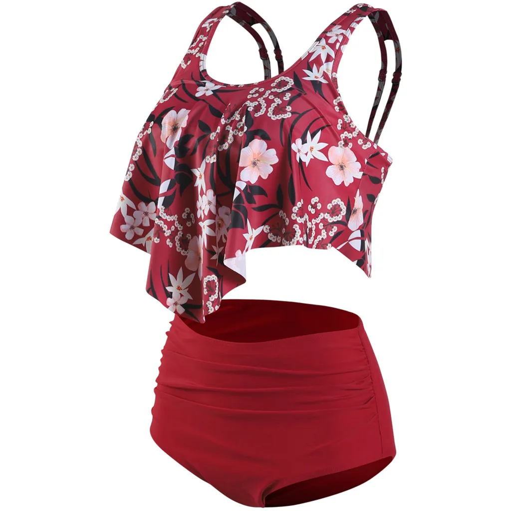 Женский летний пляжный купальник из двух частей с оборками и высокой талией плюс