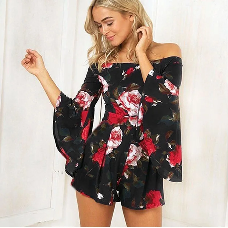 TEMOFON сексуальная печати комбинезон с вырезом лодочкой Для женщин Playsuit Flare рукавом
