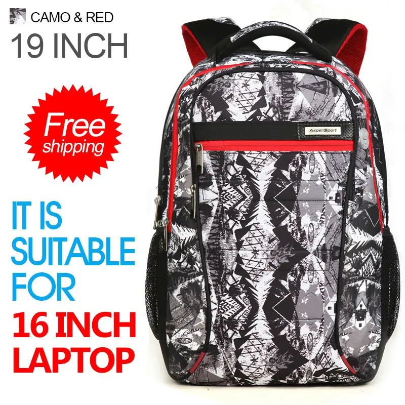 CAMO AND RED 19 AspenSport, мужские рюкзаки для ноутбука 15-17 дюймов, школьные сумки для компьютера, для мальчика, для путешествий, водонепроницаемые, противоугонные, для ноутбука, черные - Цвет: CAMO AND RED 19
