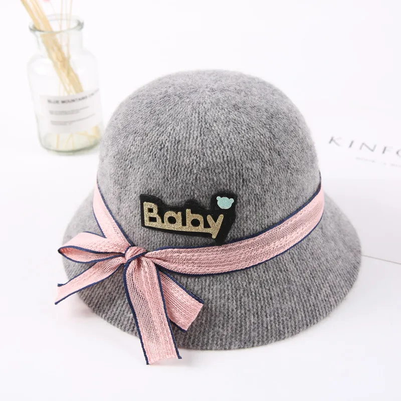 light grey Винтажный стильный осенне-зимний шерстяной фетровый головной убор для детей, головной убор с бантиком для маленьких девочек, флоппи картола, Женская фетровая Кепка-котелок - Цвет: light grey