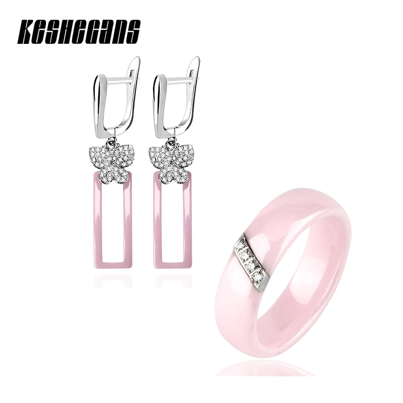 

Lovely Pink Jewelry Sets Crystal Butterfly Ceramic Rectangle Earrings And Rhinestone Ceramic Rings For Women Black White Color