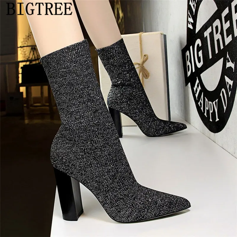 Женские вязаные ботильоны Bigtree ботинки носки на толстом каблуке зимние