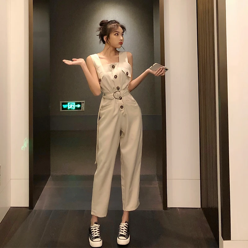 Комбинезоны для женщин модные однотонные с высокой талией без рукавов ремень