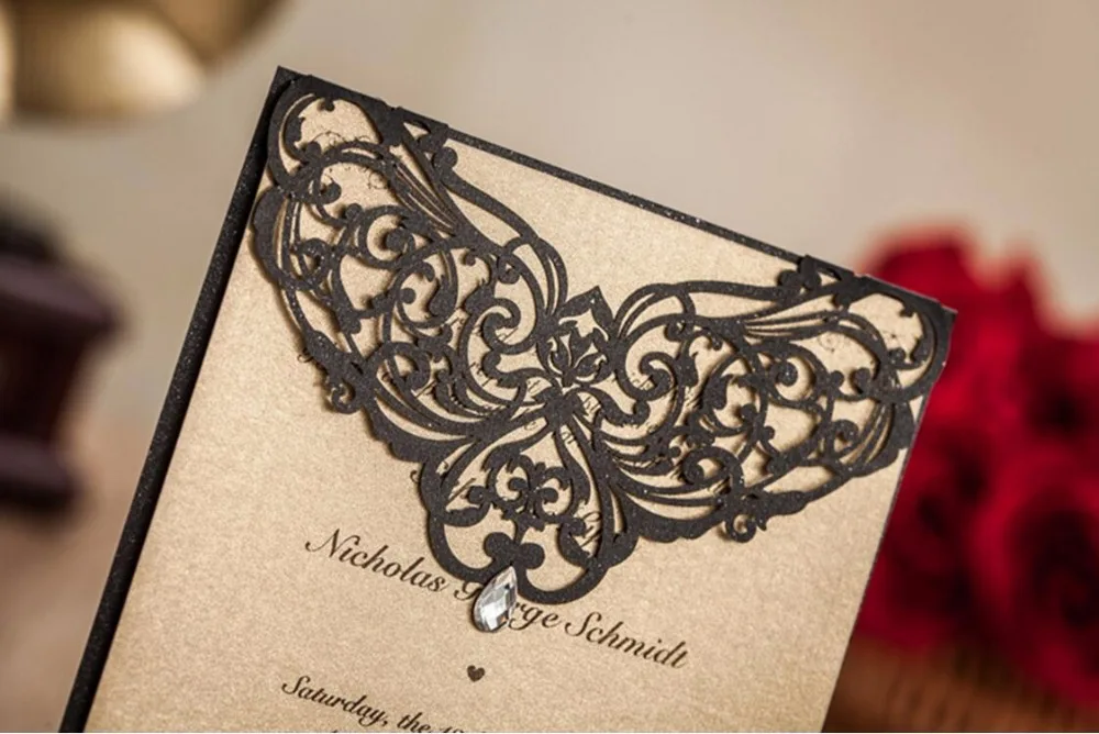 Блестящие черные свадебные приглашения с Rhinestone лазерная резка День рождения Юбилей Приглашения меню карты