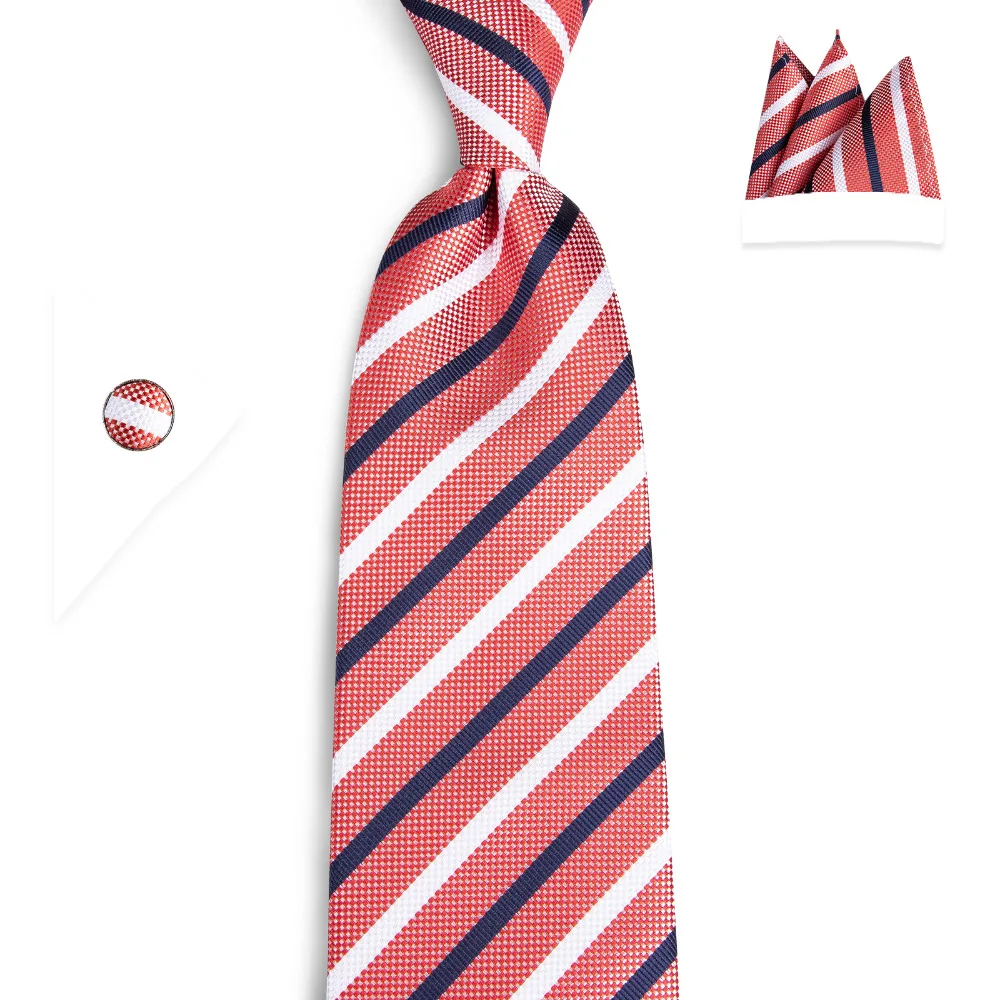 

DiBanGu 8cm Silk Mens Striped Tie Orange White Black Tie Hanky Cufflinks Set New Arrival Neck Ties For Wedding Party MJ-7099