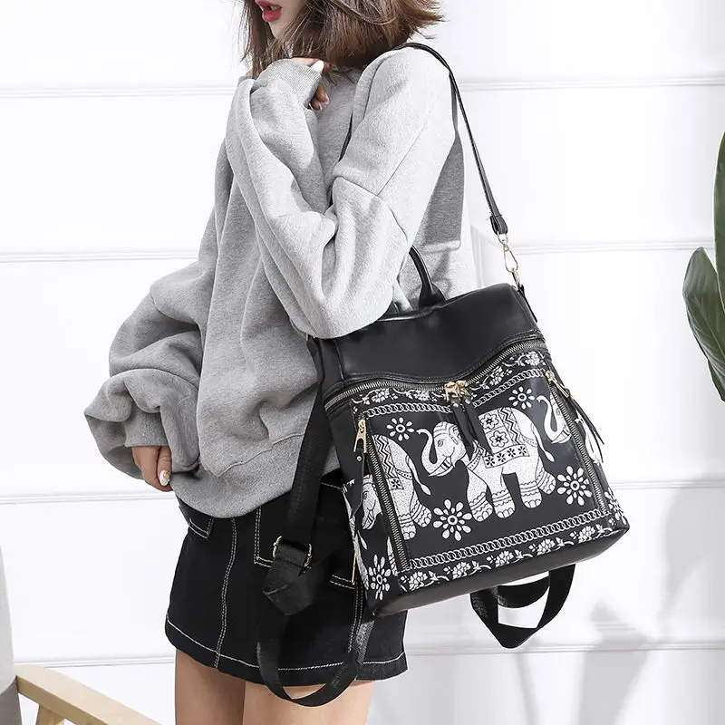 Gradosoo Elephant Pattern Backpack Women PU Leather Schoolbag Female Panelled Shoulder Bag Multifunction Fashion LBF595 | Багаж и сумки