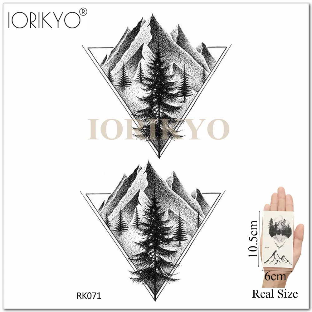 Iorikio, черная Геометрическая временная татуировка, женские наклейки, тело, рука, водостойкие татуировки, сосна, вершина Холма, мужские, лодыжки, поддельные татуировки, паста