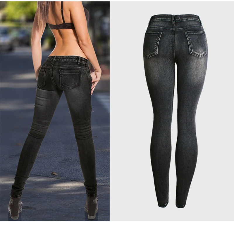 

black ripped jeans for women high waist jeans woman denim skinny jeans woman jean pants Moto Biker trousers women Pencil Pants